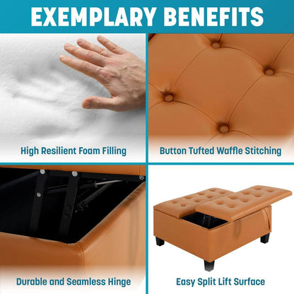 Caramel, Folding Storage Ottoman, Upholstered Leather Ottoman Coffee Table, Large Ottoman with Storage for Living Room