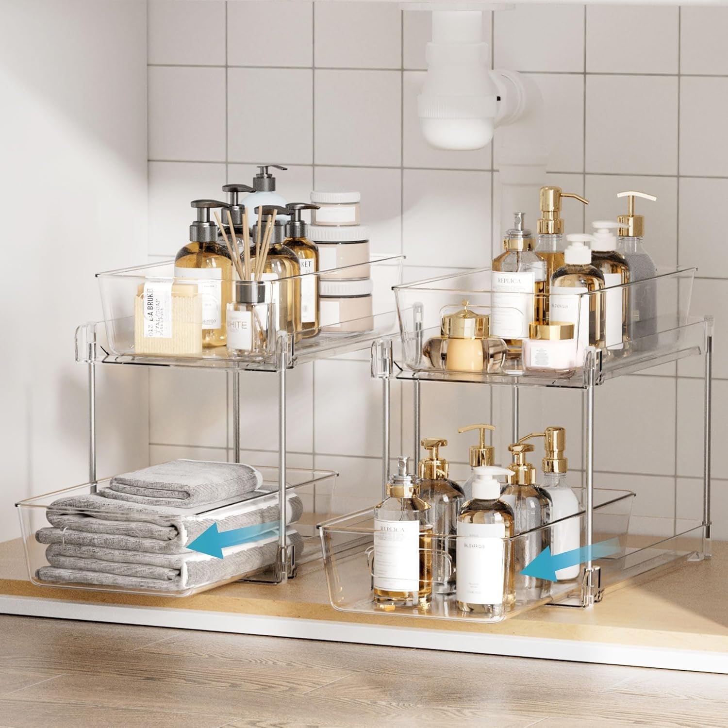 4 Pack Bathroom under Sink Organizers Organizer, 2 Tier Clear Pull-Out Organization (S-Standard)